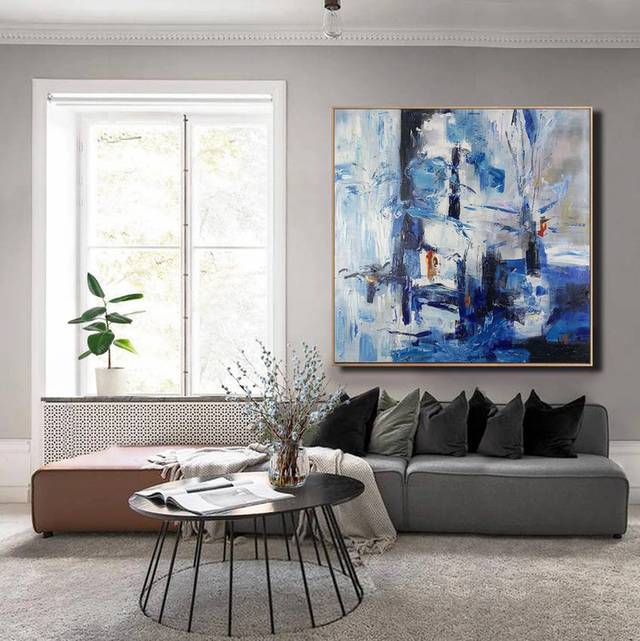 Bedroom Original White Abstract Blue Abstract Canvas Wall Art J9YM3